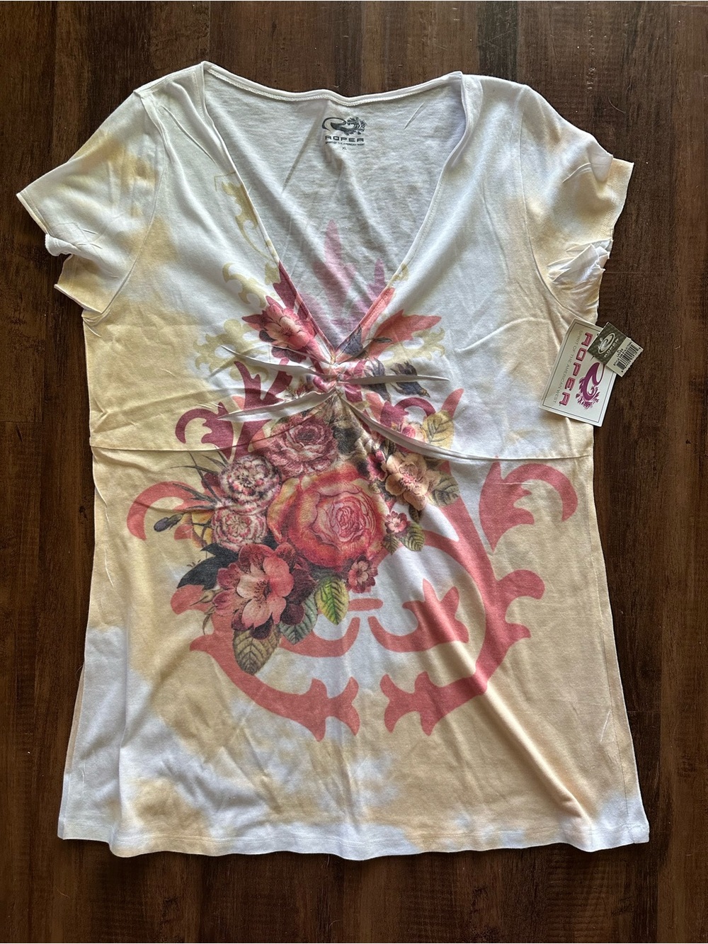 Roper White Short Sleeve V-Neck Tee with Pink Floral Twist Front